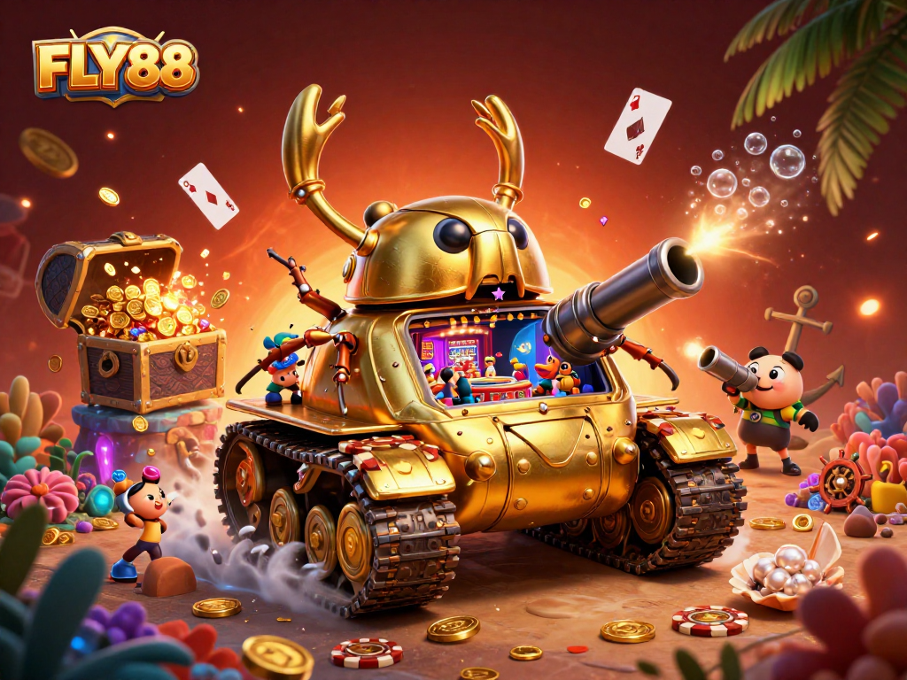 FLY88 offers a unique casino experience with its golden beetle tank filled with gaming excitement.