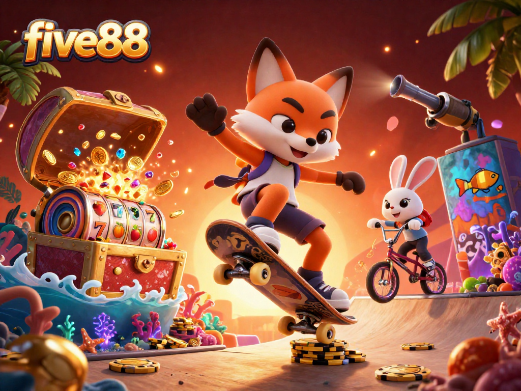 five88 showcases a vibrant 3D scene with fox and rabbit characters enjoying gaming elements like slot reels and poker chips.