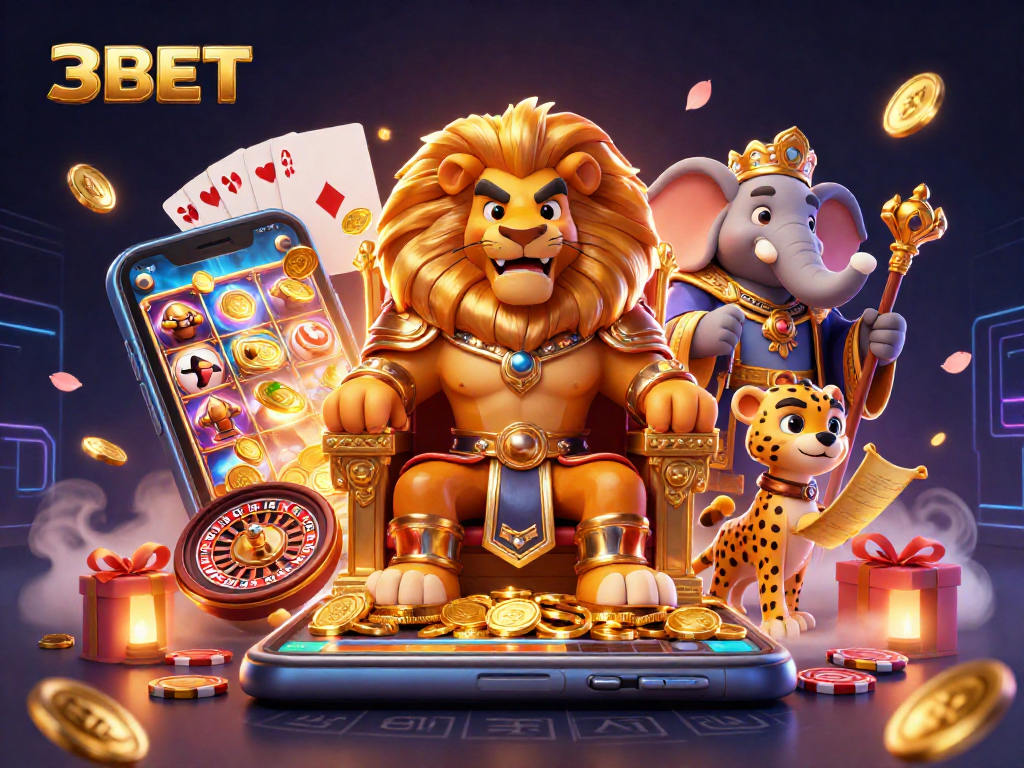 Engage with 3BET's vibrant casino adventure featuring a lion king, elephant advisor, and cheetah messenger.