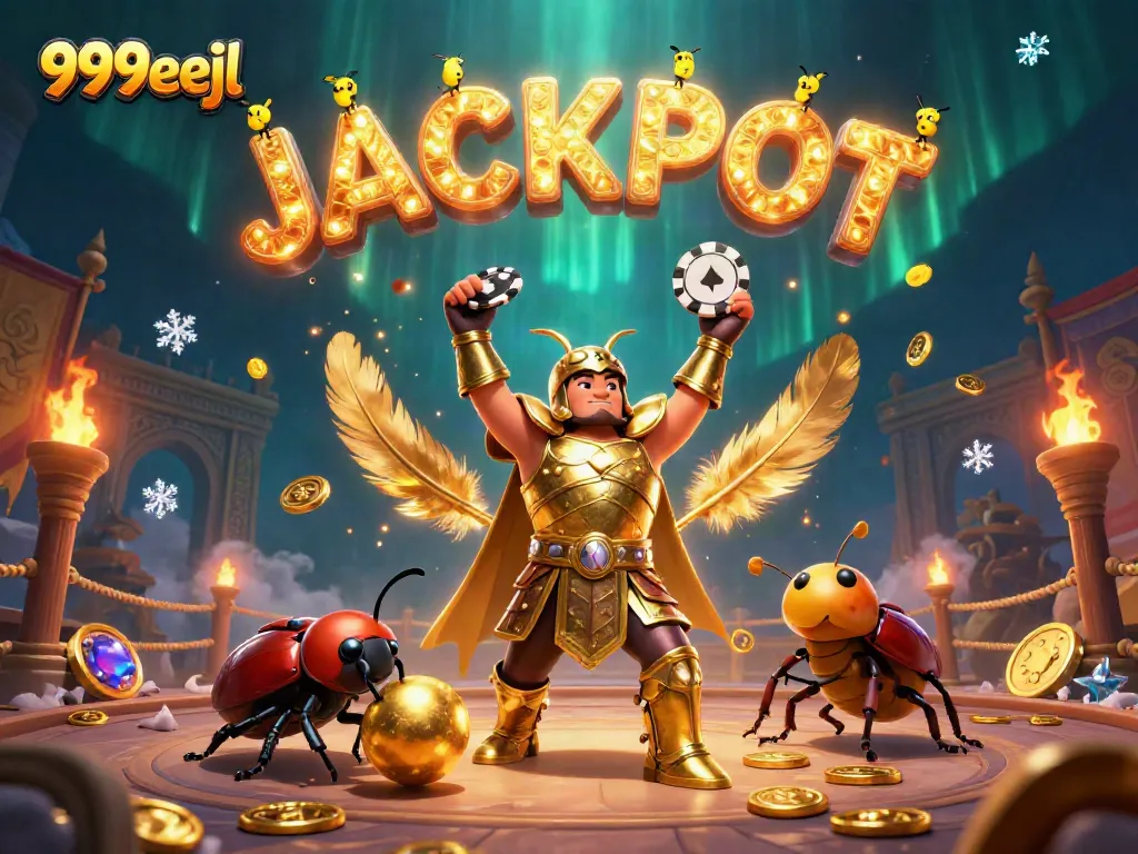 Winning at 999eejl illustrated with a heroic beetle champion, jackpot fireworks, and casino elements.