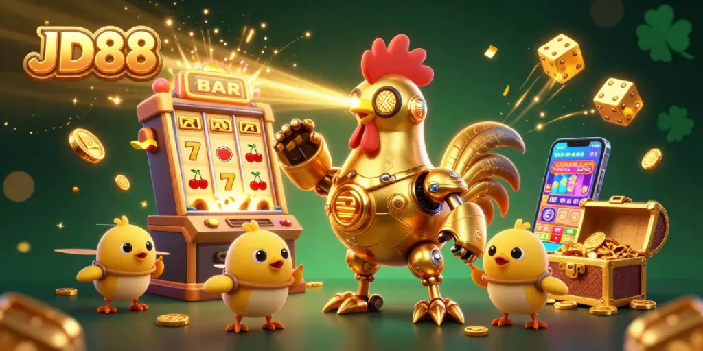 Engage in thrilling adventures with JD88's vibrant 3D casino illustration featuring a golden rooster robot and live action!