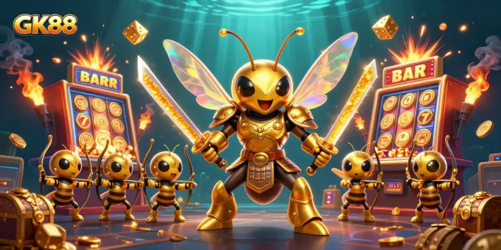 Spin and win with GK88 on a vibrant 3D casino-themed illustration featuring a hornet samurai.