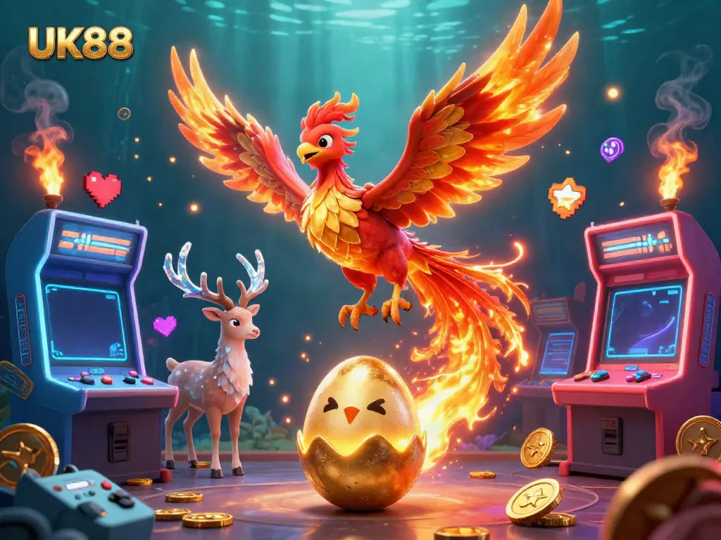 Experience the thrill of winning at UK88 with vivid golden phoenixes and exciting casino game elements.