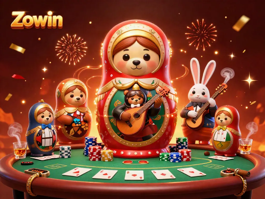 Zowin reveals a vibrant scene of casino action featuring Matryoshka bears and poker elements.