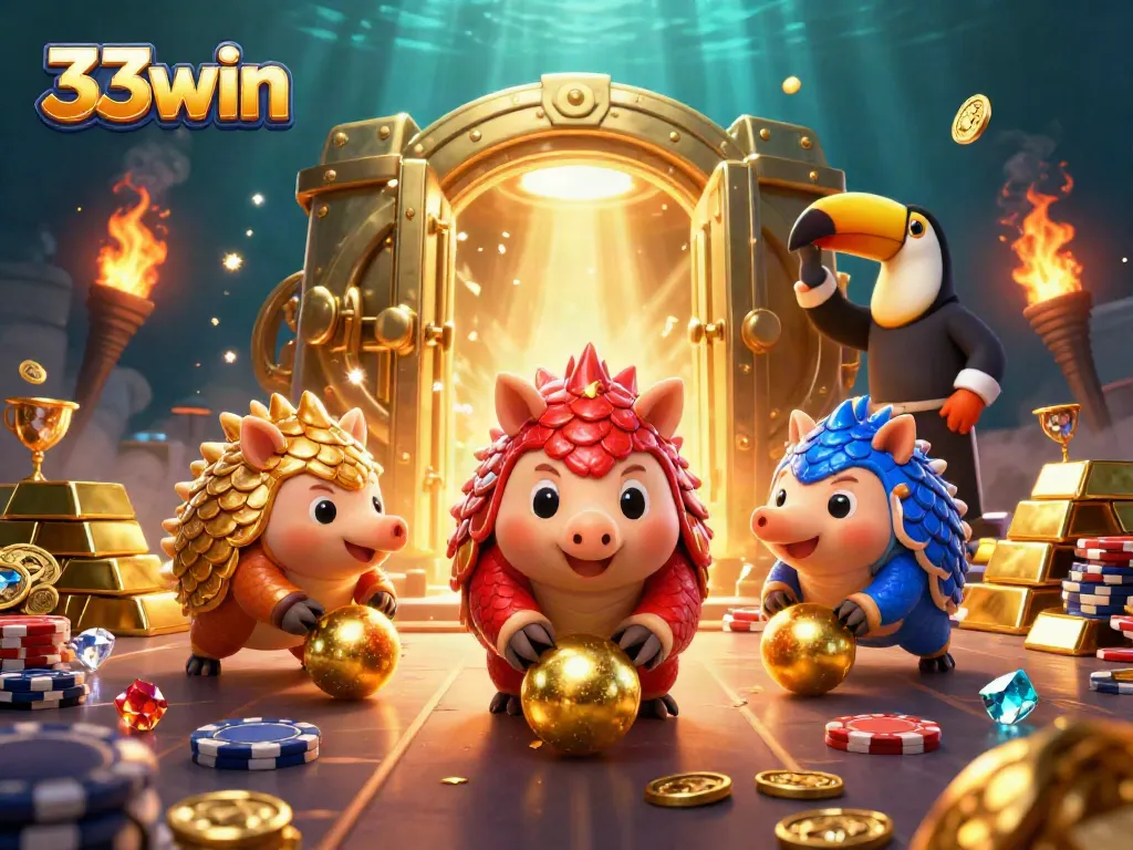 Two rival pangolins engage in a fun-filled bowling challenge among shimmering casino chips for 33win.