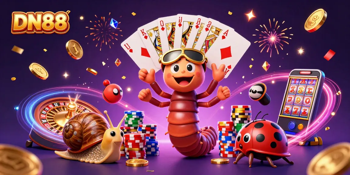 Experience excitement at DN88 casino with a cartoon millipede dealer, spectacular card spreads, and vibrant gold coins.