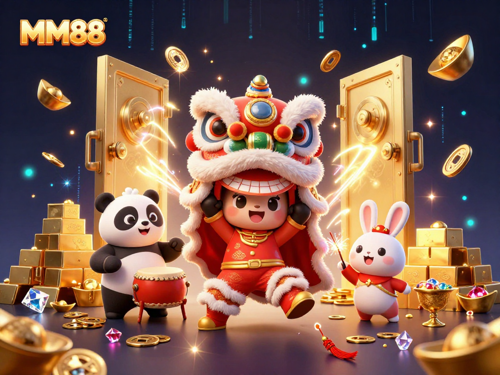 Experience the excitement at MM88 with a vibrant lion dance scene overflowing with winnings.
