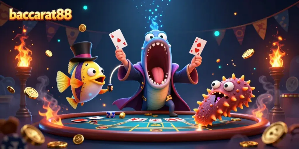 Baccarat88 showcases a bioluminescent eel performing card tricks at a baccarat table surrounded by gold coins.