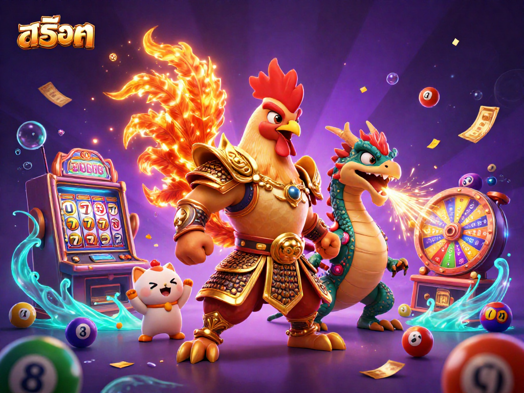 Engage with thrilling สล็อต adventures, featuring a warrior rooster and dragon in a vibrant casino scene.