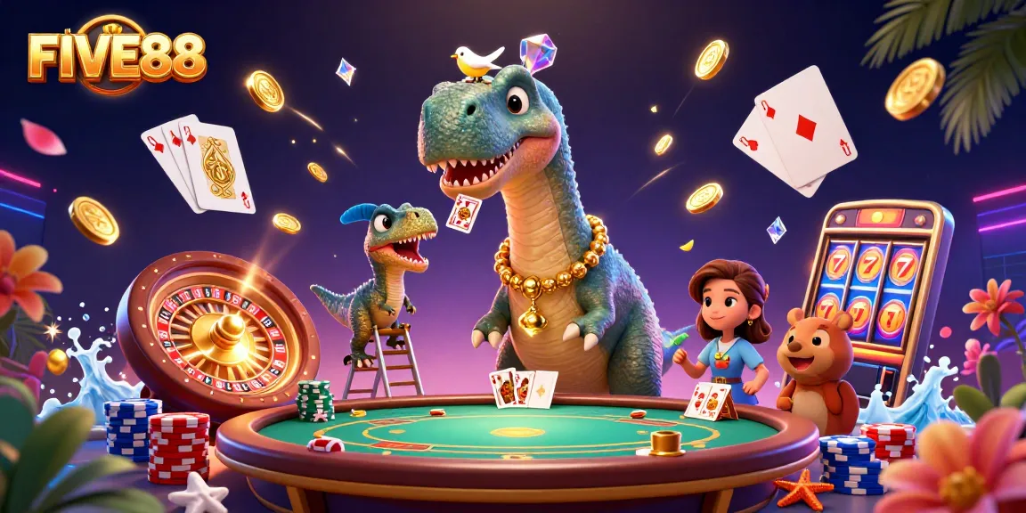Experience exciting gambling fun at FIVE88 with a lively casino scene featuring colorful characters and gaming elements.