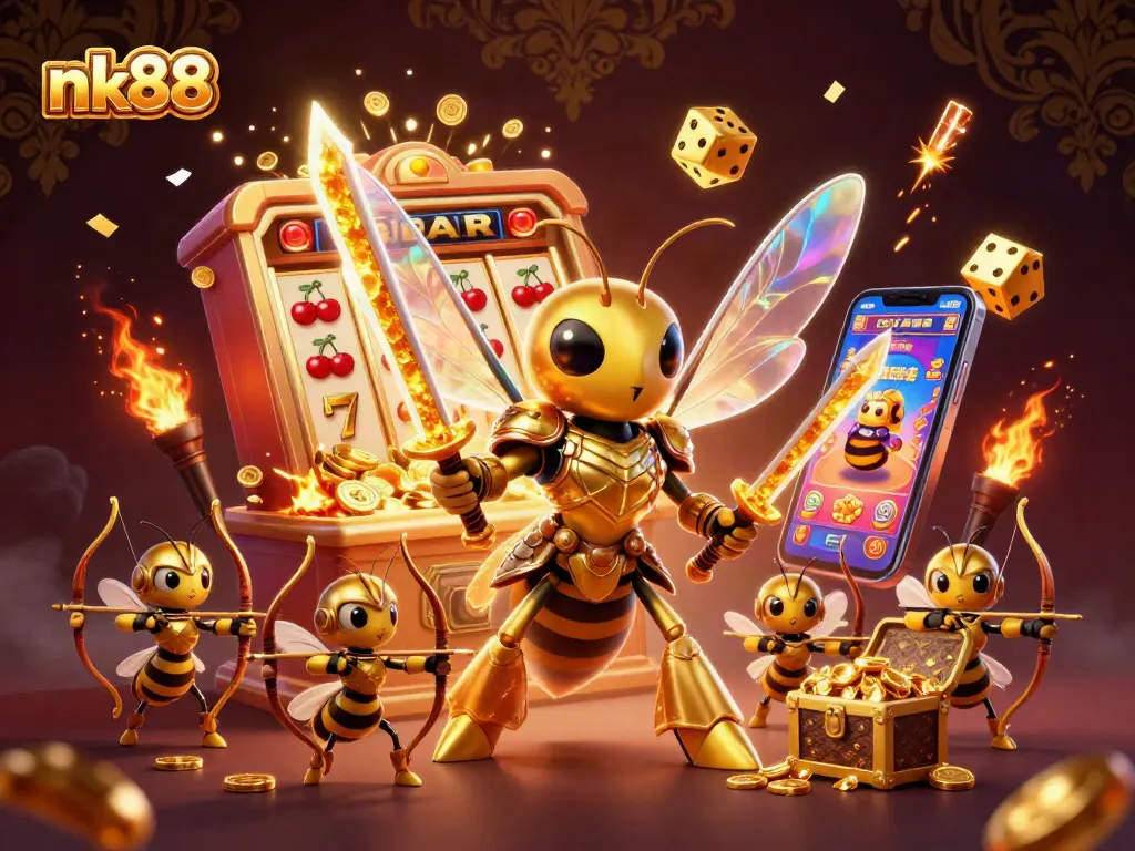 Experience the thrill of nk88 as a giant hornet leads a vibrant casino game scene packed with slot machines and jackpot symbols.