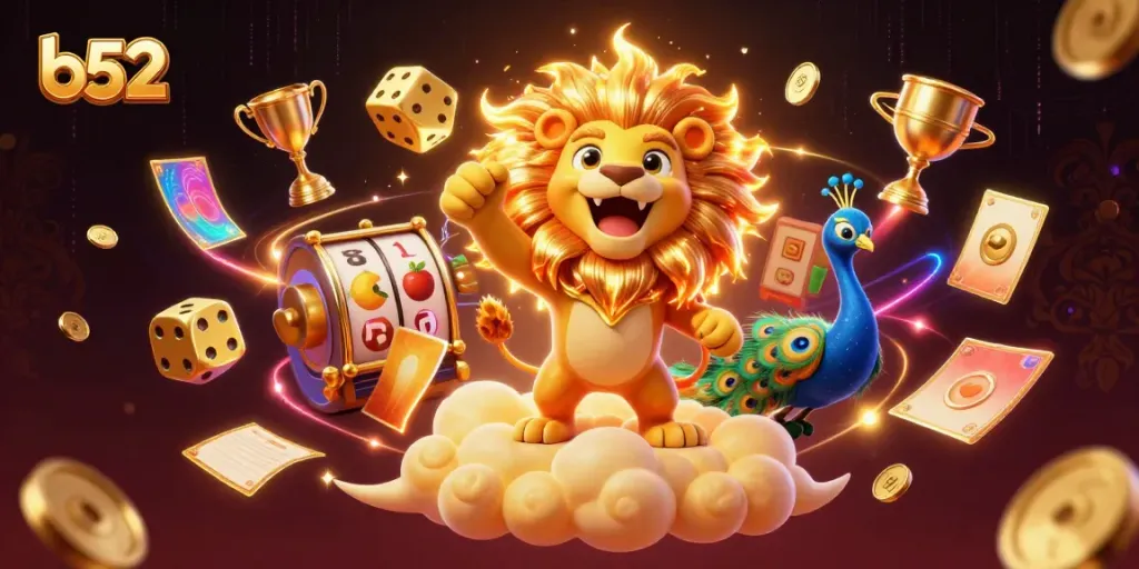Engage with b52 in a vibrant casino scene featuring a roaring sun lion and golden dice.