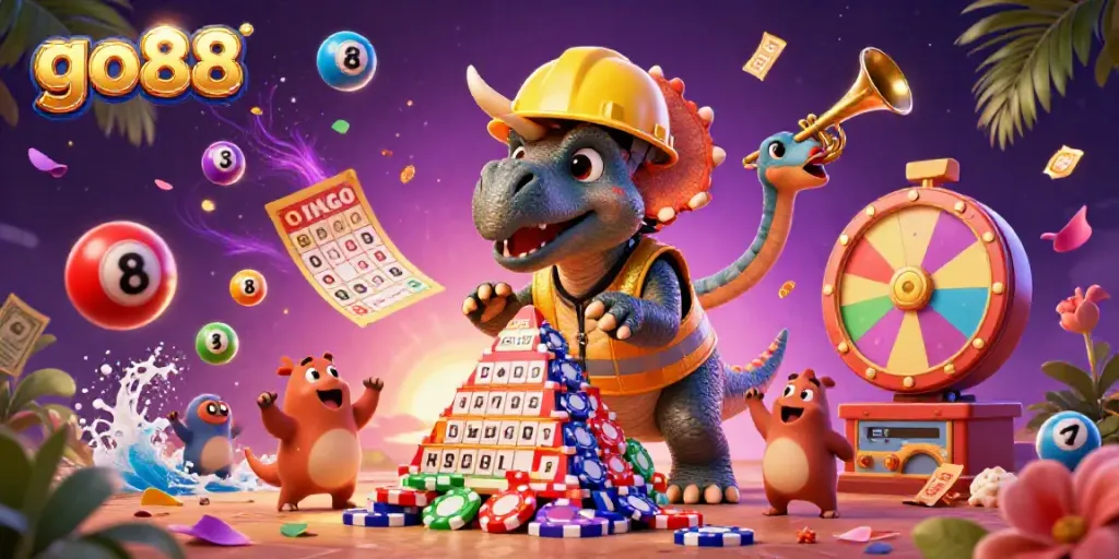 Go88 casino scene celebrates big wins with triceratops, parasaurolophus, and colorful game elements.