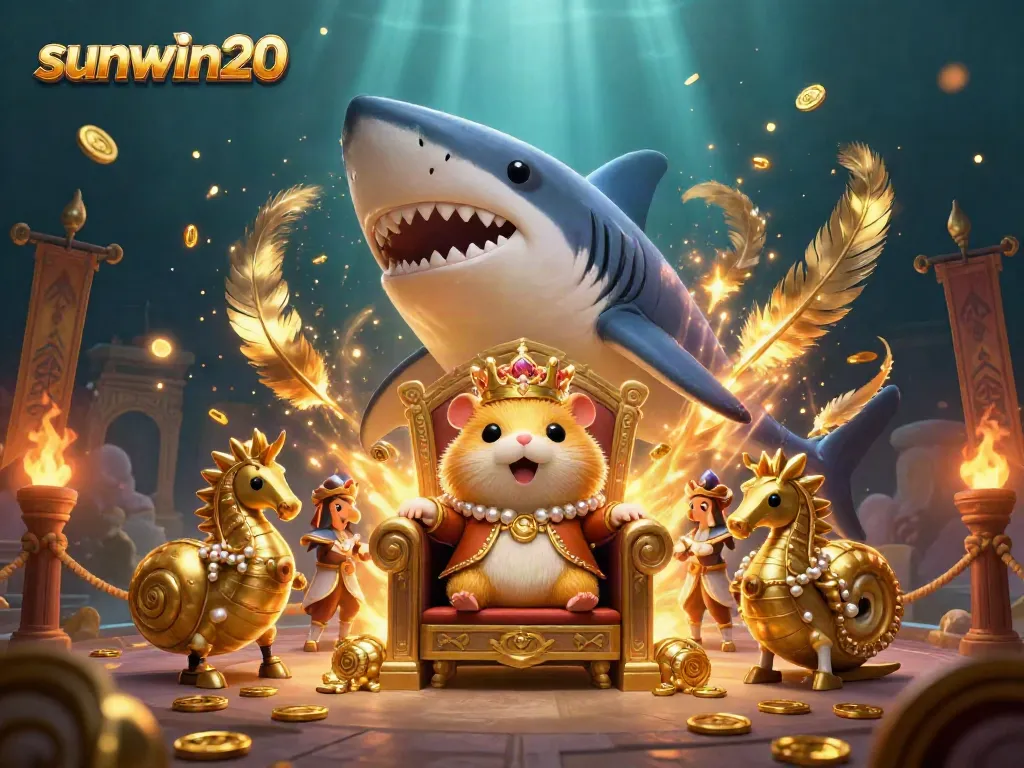 Experience exciting gameplay with sunwin20, featuring a golden hamster king and seahorse guards in a vibrant casino scene.