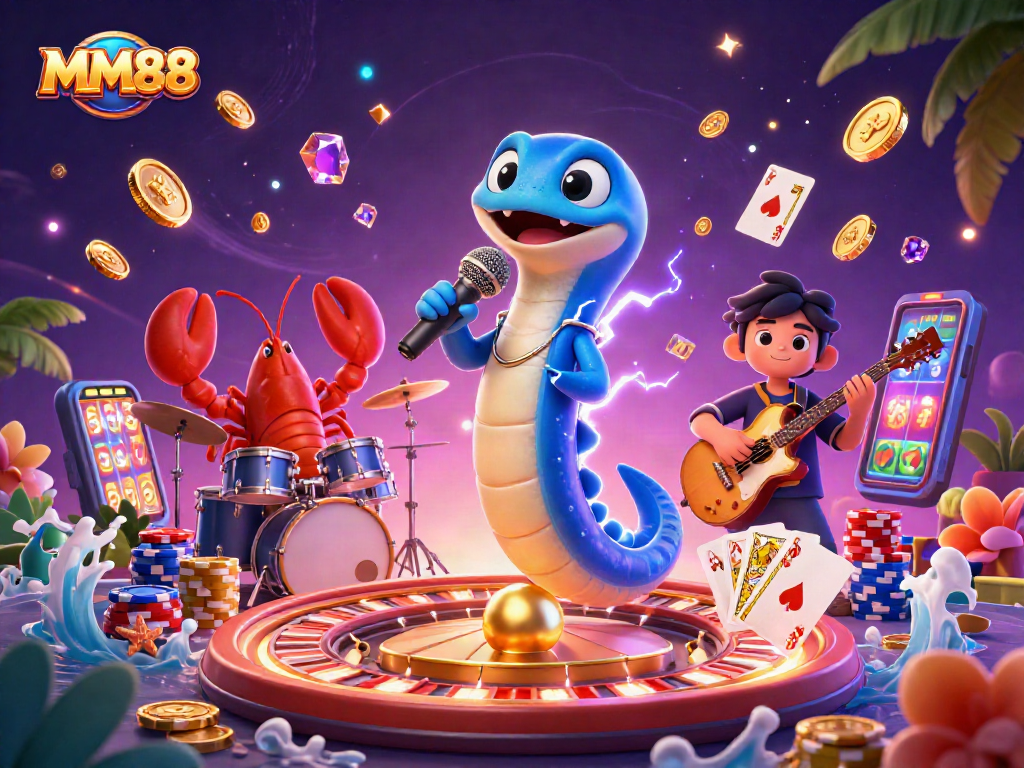 Engage in thrilling MM88 gaming action with a vibrant underwater casino scene featuring animated characters.