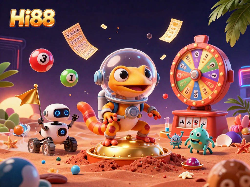 Experience the excitement with Hi88 in this vibrant 3D casino scene featuring colorful lottery elements.