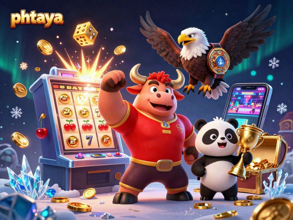 Phtaya celebrates winning jackpots with a vibrant casino scene featuring a bull, eagle, and panda.