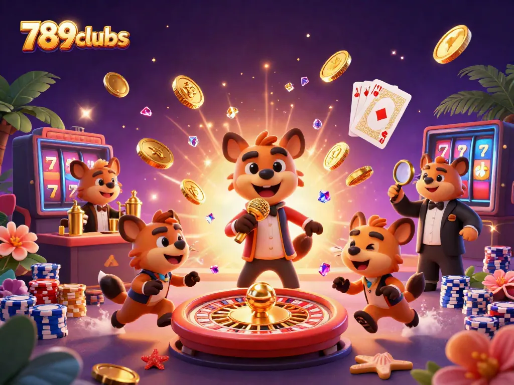 Engage with the vibrant comedy casino scene, showcasing the playful 789clubs hyena characters amidst thrilling game elements.
