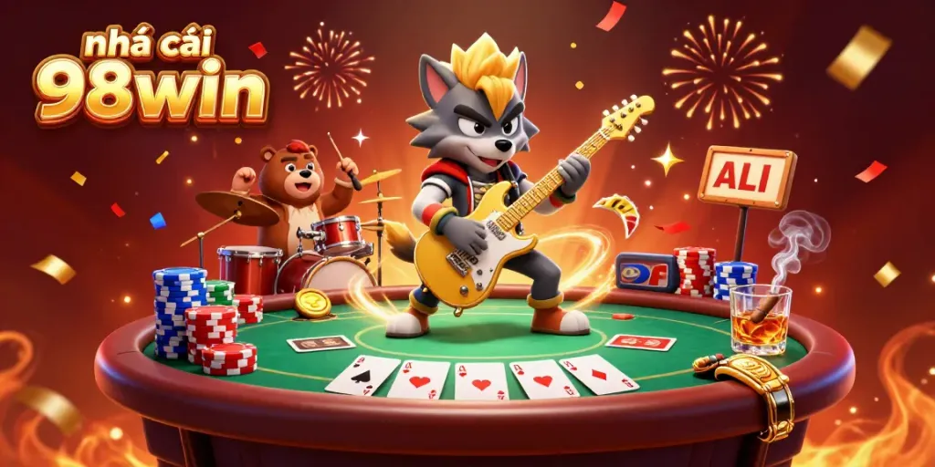Experience the thrill of nhà cái 98win with a lively casino scene featuring a rock star wolf playing guitar.