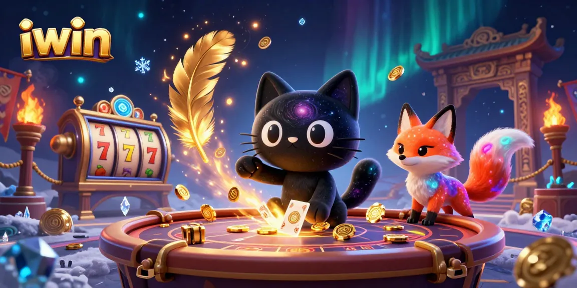 iwin's cosmic casino scene with a black hole cat and nebula fox drawing in winning chips