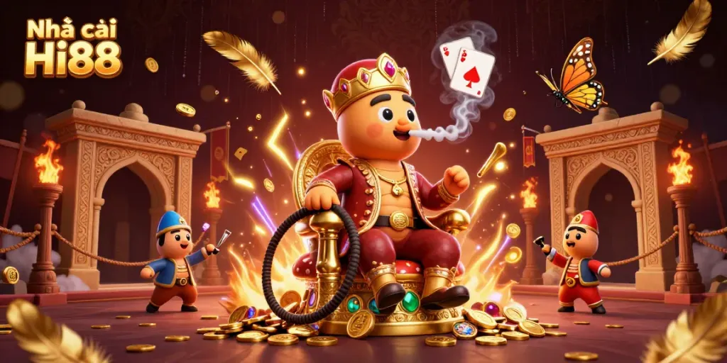 Engage with Nhà cái Hi88 in a vibrant 3D illustration showcasing dynamic casino elements and characters.
