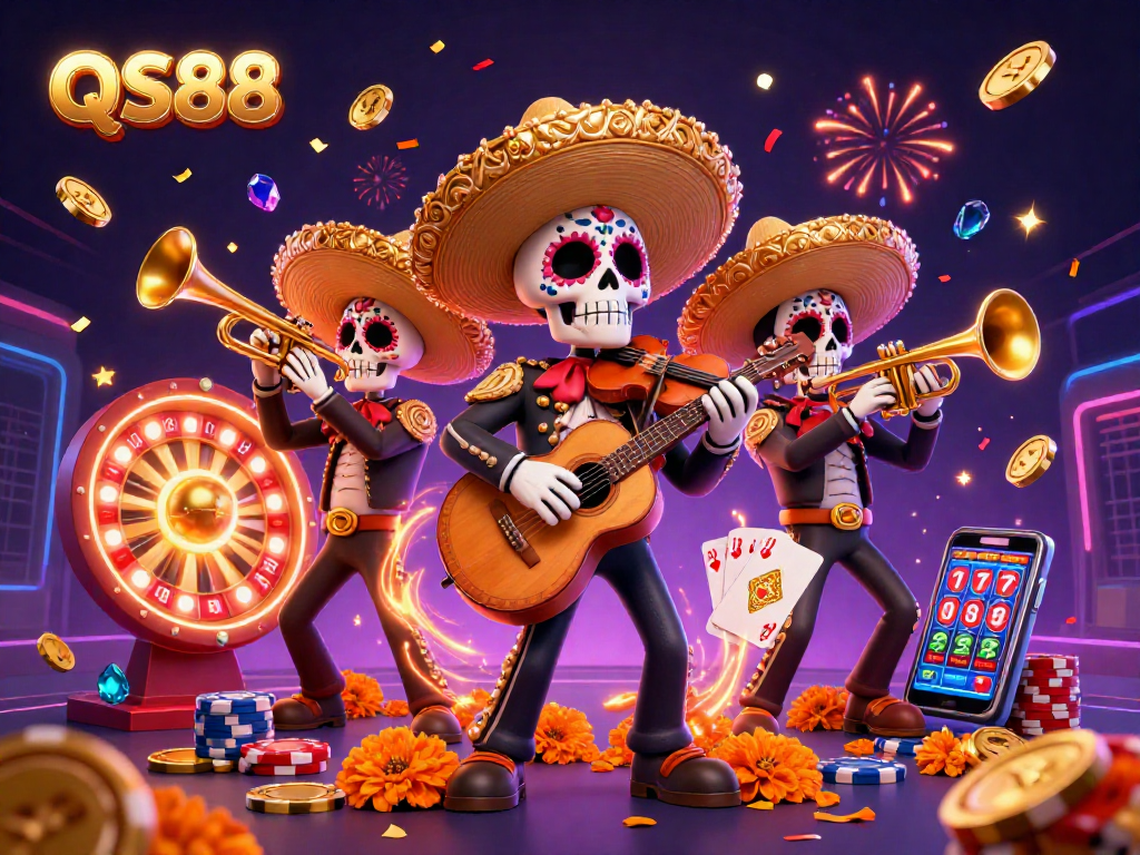 Engage with QS88 through festive Day of the Dead-themed gambling excitement featuring skeleton mariachi and casino elements.