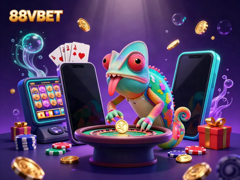 Experience the vibrant world of 88VBET with a colorful chameleon casino owner surrounded by gaming excitement.