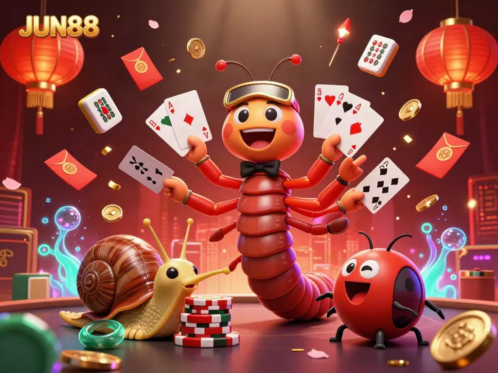 Experience thrilling moments at JUN88 with our lively casino scene featuring a unique millipede dealer and high-roller snail.