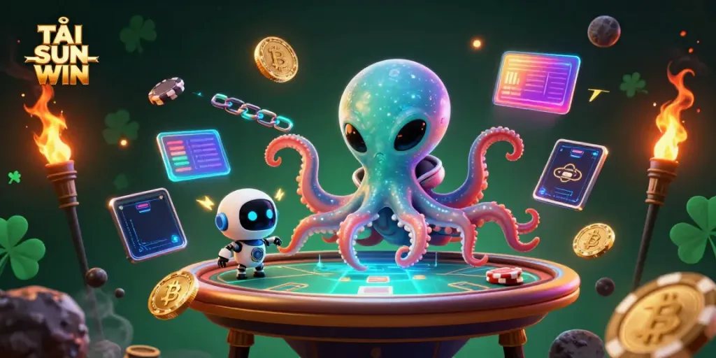 TẢI SUN WIN game illustration featuring an octopus playing poker in space with 3D coins