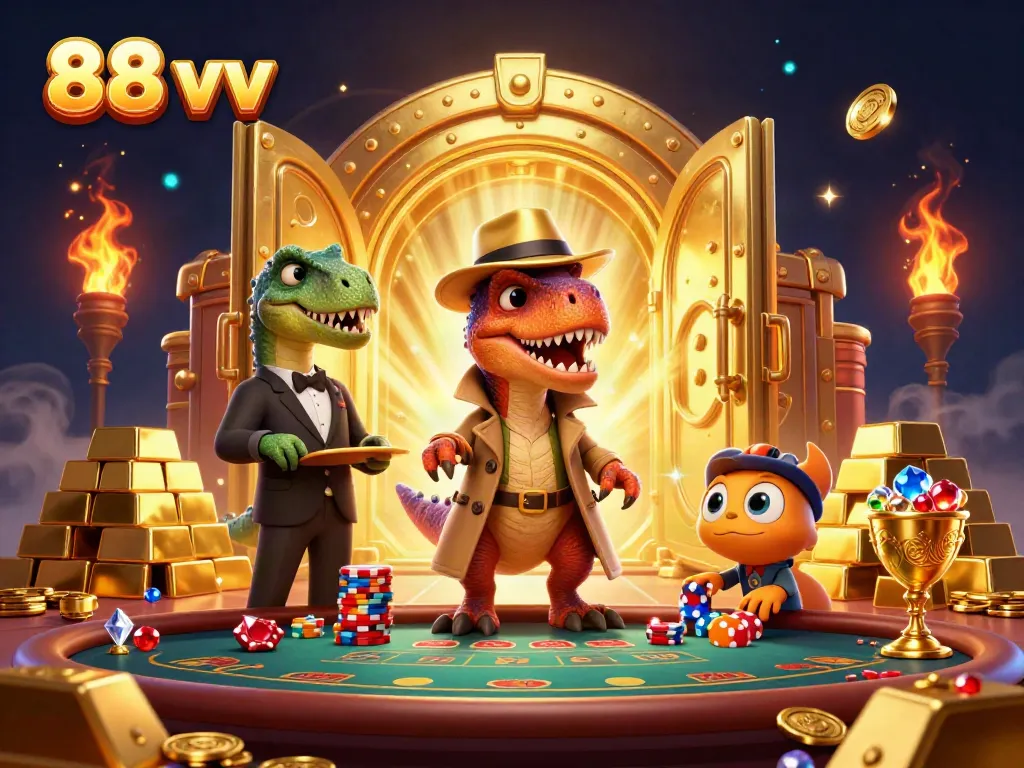 Engage with the 88 vv casino world featuring cartoon characters, blackjack, and treasure.