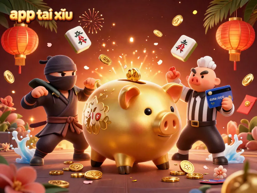 Engage with app tài xỉu in this vibrant 3D casino scene featuring dynamic characters and festive elements.