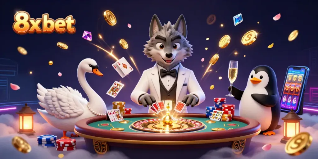 Experience the thrill of 8x bet with a debonair wolf and friends in a lively casino scene.