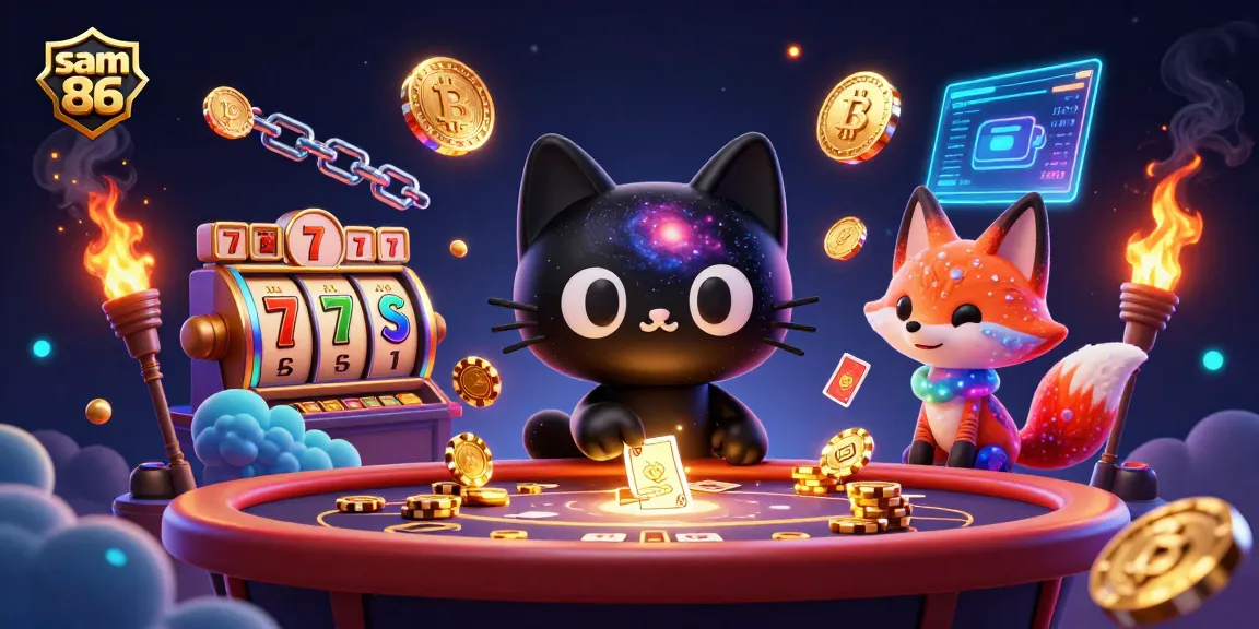 Play thrilling games at sam 86's vibrant cosmic casino, featuring engaging 3D characters and slot reels.