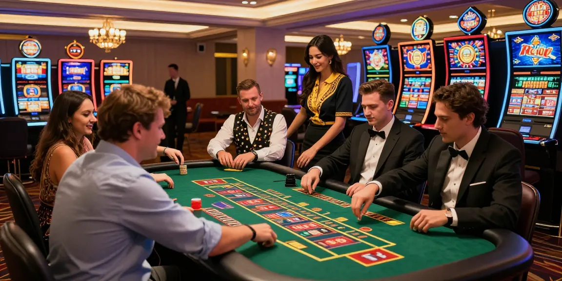 Players enjoying games at Dewavegas casino with dealers in a vibrant atmosphere.
