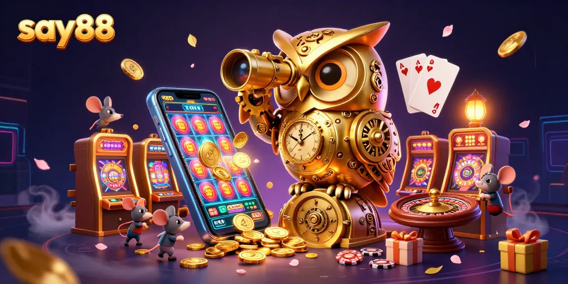 Sculpt a vibrant scene with say88's golden owl overseeing the casino, amid lively slot games and poker elements.