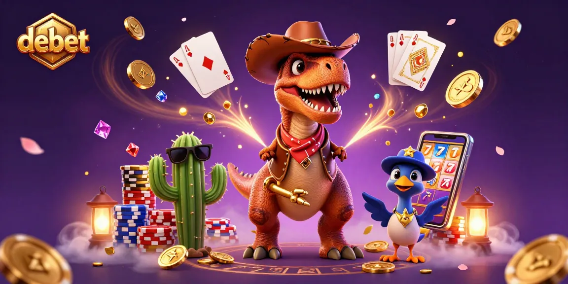 Spin and win with debet at a lively casino scene featuring a cowboy dinosaur, cactus, and roadrunner!