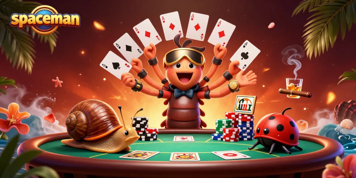 Permainan slot "spaceman" di ilustrasi kasino digital dengan dealer unik dan tumpukan chip besar.