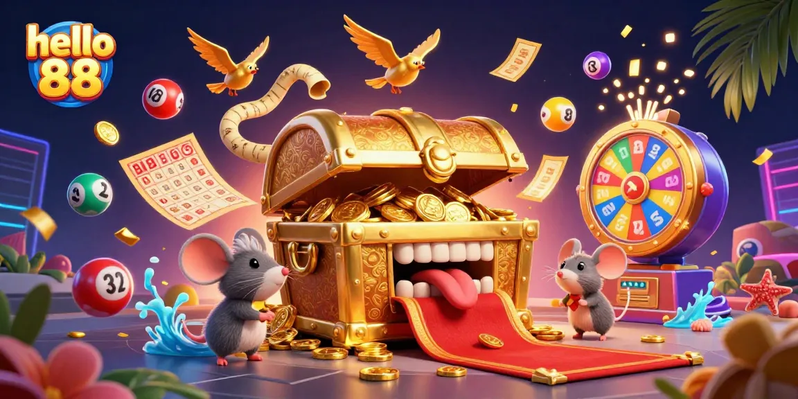 Engage with hello 88's vibrant lottery experience through a dazzling illustration showcasing prizes and luck.