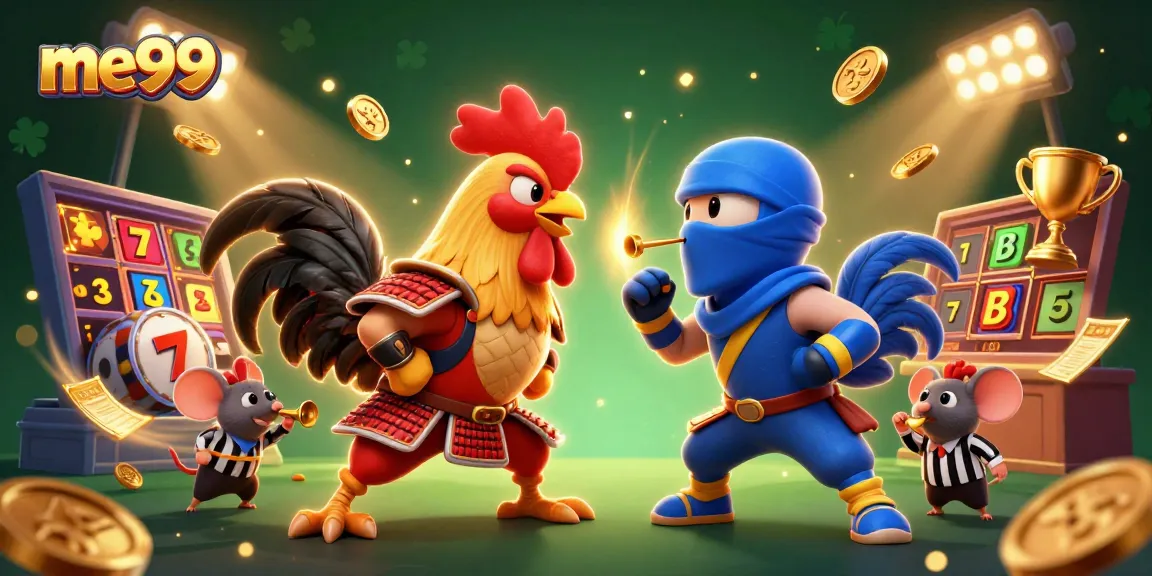 Experience thrilling gameplay at me99 casino, featuring fighting roosters and vibrant slot elements.