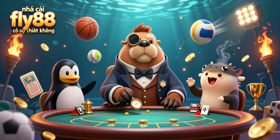 Engage in epic adventures with nhà cái fly88 có uy tín không featuring a jolly walrus in a poker game undersea.