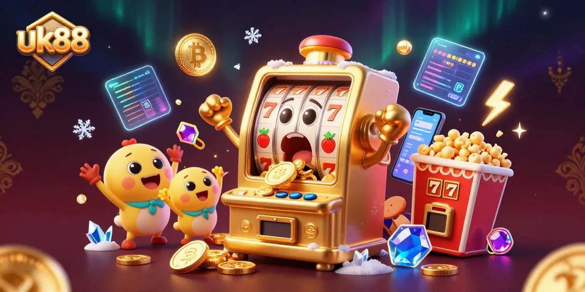 uk88 slot machine hitting a jackpot, surrounded by cheering baby slots and crypto elements.