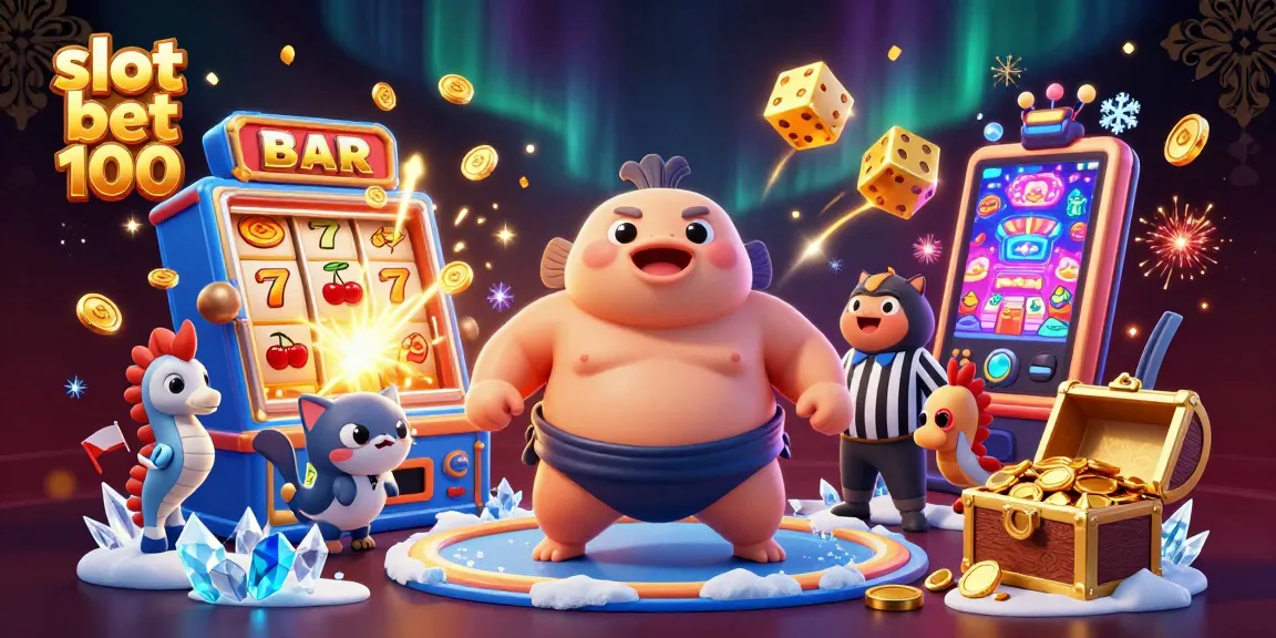 Slot bet 100 menampilkan ilustrasi 3D yang dinamis, mengundang pemain dengan berbagai simbol mesin slot.