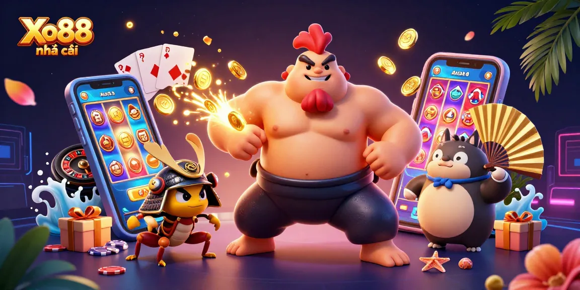 Xo88 nhà cái showcases an exciting scene with unique gaming elements, featuring a sumo wrestler rooster and samurai cricket.