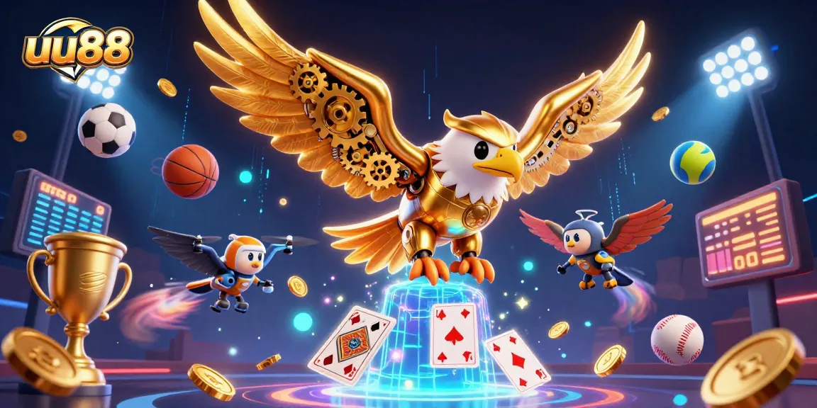 uu88 eagle dives through holographic cards amidst dynamic sports elements and golden trophies.