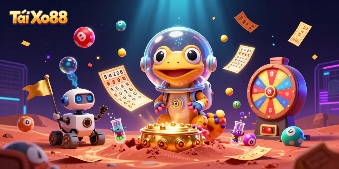 Tải Xo88 showcases a Martian gecko exploring a golden casino in a vibrant lottery-themed scene.