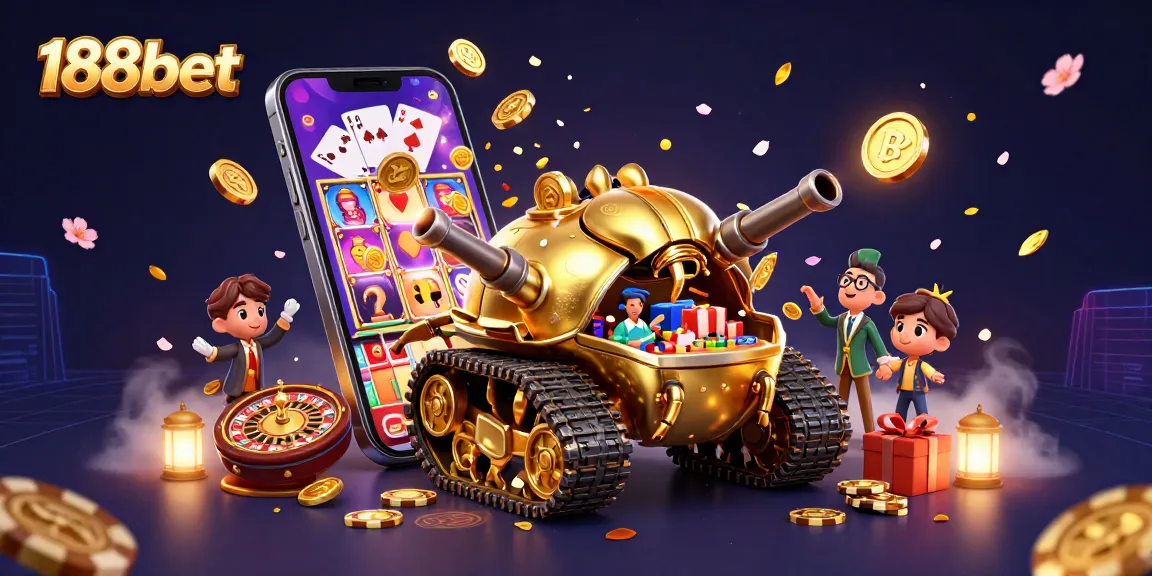 Experience excitement with 188bet in a vibrant casino environment filled with games and golden coins.