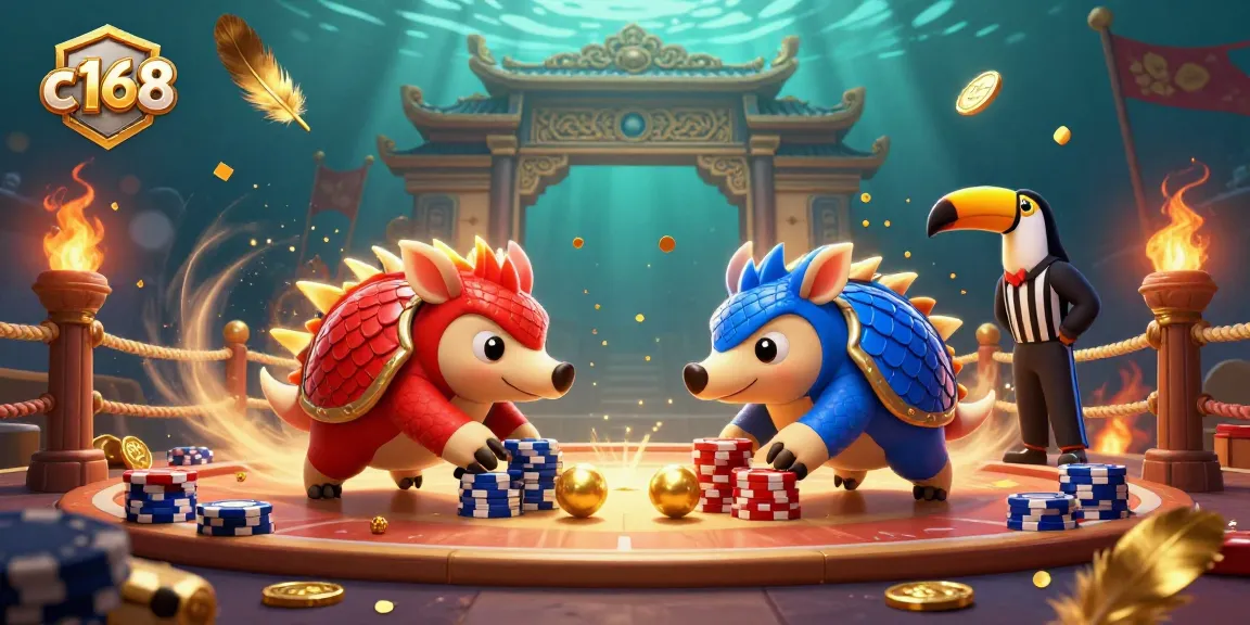 C168 pangolins compete in a thrilling casino scene, rolling golden balls through poker chips.