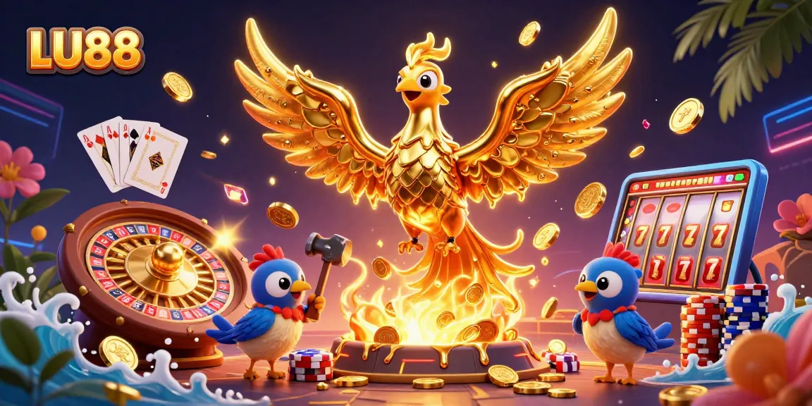LU88 offers an exciting casino experience featuring a golden phoenix amidst coins and vibrant game elements.