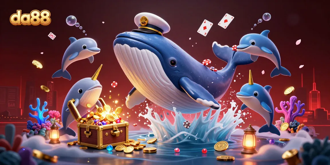 da88 gaming scene featuring a cartoon whale, a narwhal, and dolphins engaged in casino fun with coins, chips, and cards.