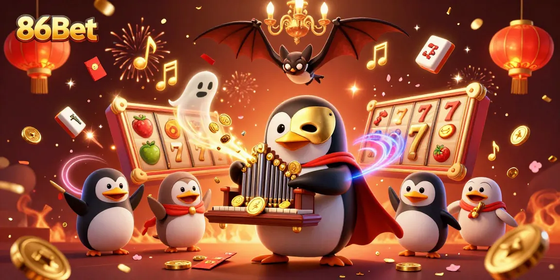Engage with 86Bet as the phantom penguin dazzles with a casino-themed party of fortune and luck.